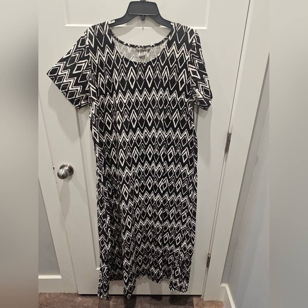 Jessica London 20W Black White Geometric Print Cotton Stretch A-Line Midi Dress